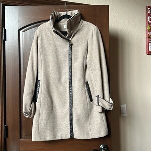 Calvin Klein Women's Beige Coat with dark brown leather  Trim